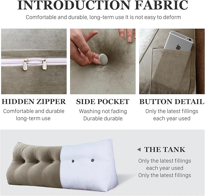 11 lbs Thickened Queen Wedge Pillow Headboard Body Positioner Bed Wedge Pillow Backrest Support Triangular Headboard Cushion with Side Pocket Velvet Positioning Support Taupe