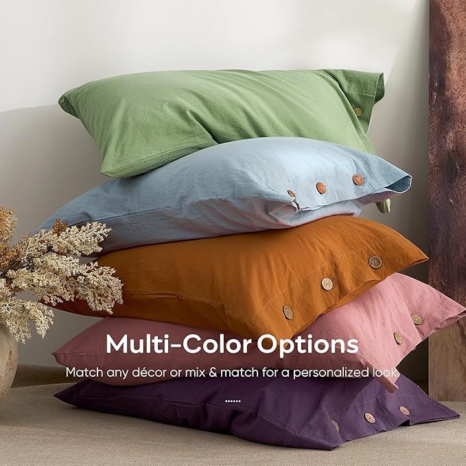 JELLYMONI 100% Washed Cotton King Pillowcases Set, 2 Pack Linen-Like Texture Breathable Pillow Covers with Button Closure,Mint Green King 20"×36"(Pillows are not Included)