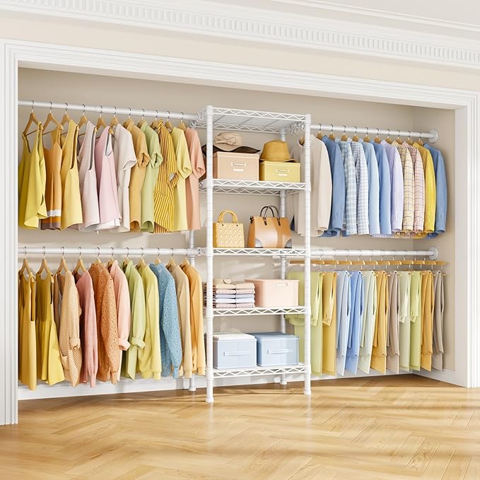 Ulif M2 Wall Mounted Closet System, Clothes Rack Mounted onto the Wall with 4 Expandable Hanger Rods and 5 Metal Shelves, Clothing Organizer Storage in (70.8-102.3)" L x 14.5" D x 71.2" H, White