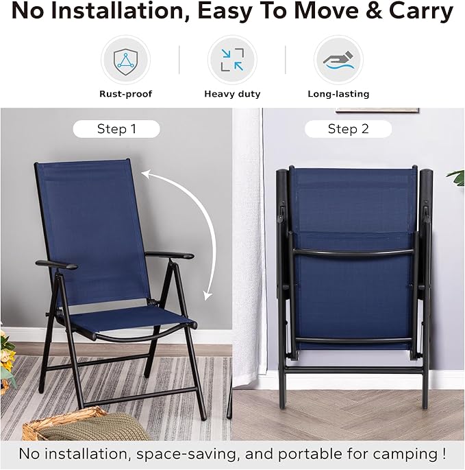 MFSTUDIO Patio Folding Chairs Set of 8, Outdoor Patio Dining Chairs, Portable Blue Sling Patio Chairs, 7 Levels Adjustable Sling Back Chairs for Backyard Lawn Garden