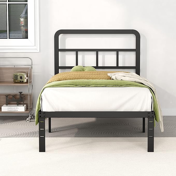 14 Inch Twin XL Bed Frame with Headboard No Box Spring Needed Metal Platform Heavy Duty Steel Slat Mattress Foundation/Easy Assembly/Noise Free/Black