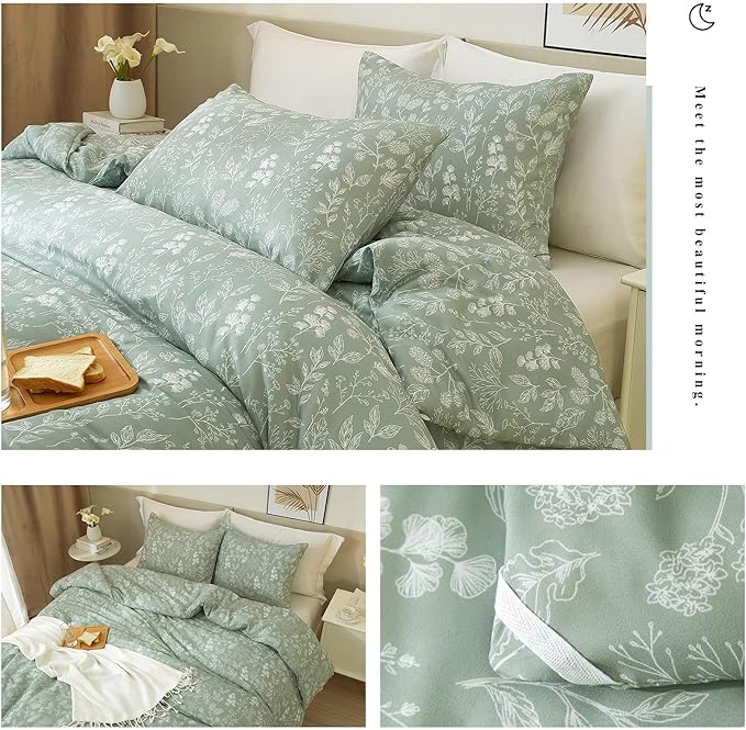 HighBuy 3 Piece Full Duvet Cover for Girl Green Botanical Floral Comforter Cover Full 100% Cotton Garden Chic Bedding Set with 2 Pillowcases All Season Cozy Floral Duvet Cover Set