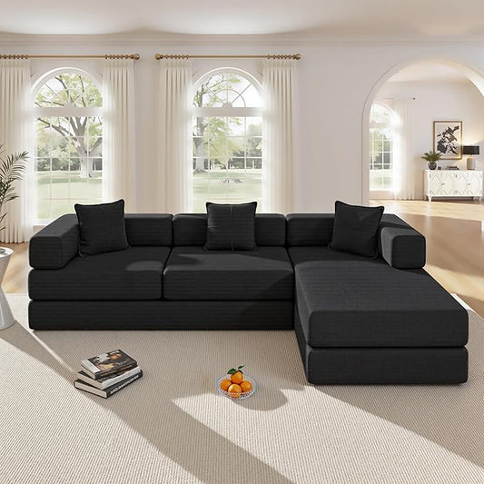 108" Oversized Convertible Sleeper Sofa Bed, Corduroy L Shape Sectional Couch, Folding Sofa Bed with Fixed-Shape Frame, Modern Cloud Floor Mattress Couch, Modular Sofa for Living Room,Black