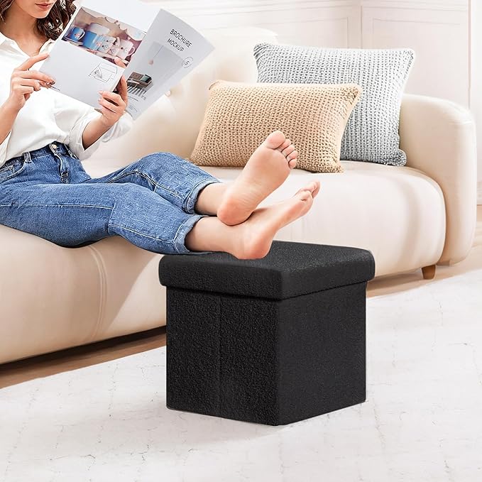PINPLUS Storage Ottoman Cube Square Shaped Ottomans with Storage Foot Stool Footrest for Lving Room Boucle Ottoman Seat for Dorm Room,Faux Teddy Fur Black,12.6"x12.6"x12.6"