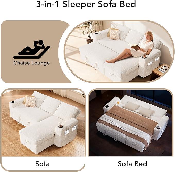 Sunny Heart L-Shaped Sleeper Sofa with Pull Out Bed, 82" Sectional Couch with Reclining Backrest, Reversible Storage Chaise, Armrest Storage, Cup Holders, Side Pockets, Tool-Free Assembly, Beige