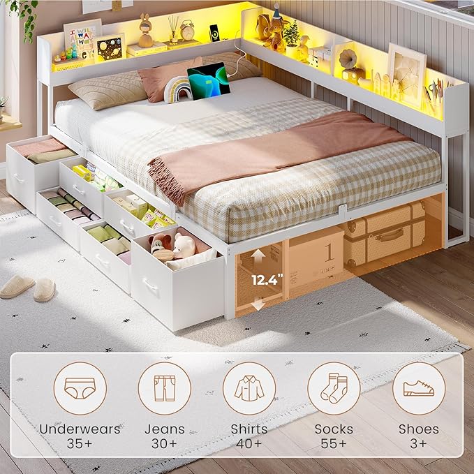 VIAGDO Corner Bed Frame Full with Storage Bookcase and 6 Drawers, Metal Platform Corner Bed Frame with LED Lights and Charging Station, Full Daybed for Kids Teenagers, White