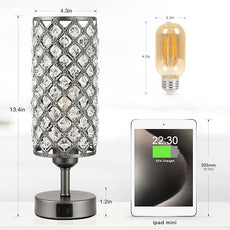 Hong-in Gray Crystal Table Lamp - 3-Way Dimmable Touch Control, Bedside Lamp with USB C and A Ports, Nightstand Light for Living Room, Bedroom, Home Office (Bulb Included)