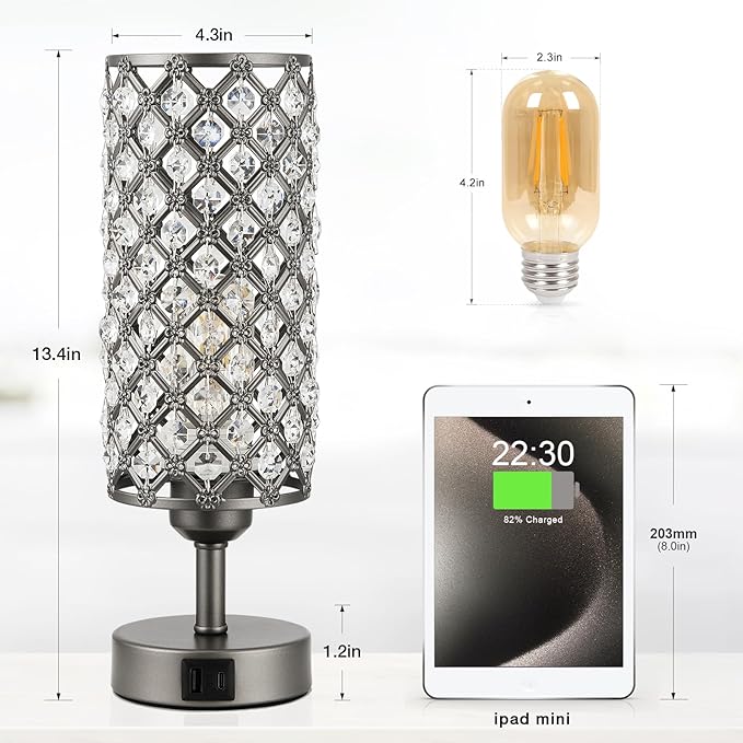 Hong-in Gray Crystal Table Lamp - 3-Way Dimmable Touch Control, Bedside Lamp with USB C and A Ports, Nightstand Light for Living Room, Bedroom, Home Office (Bulb Included)