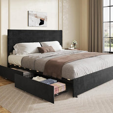 WLIVE King Size Upholstered Bed Frame with 4 Storage Drawers and Headboard, Velvet Platform Bedframe, Sturdy Metal & Wooden Slats Support, No Box Spring Needed, Easy Assembly, Black