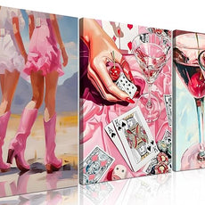 Framed Pink Preppy Wall Art Set of 3, Cowgirl Boots Cherry Cocktail Pictures Wall Decor, Trendy Poker Paintings Canvas Prints Girly Aesthetic Home Decor for Living Room Bedroom Dorm Bar 12x16 inch