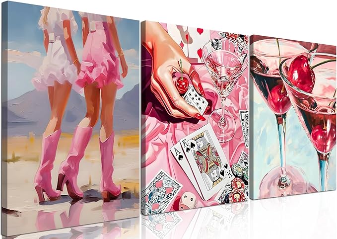 Framed Pink Preppy Wall Art Set of 3, Cowgirl Boots Cherry Cocktail Pictures Wall Decor, Trendy Poker Paintings Canvas Prints Girly Aesthetic Home Decor for Living Room Bedroom Dorm Bar 16x24 inch