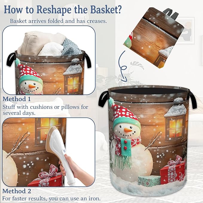 Christmas Laundry Basket,Oxford Cloth Snowman Laundry Hamper With Handle Foldable Portable Clothes Storage Basket for Laundry Room/Bedroom/Bathroom 20.8"x16"