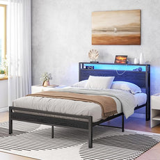 HOJINLINERO Full Size Bed Frame with Storage Headboard/LED Lights, Metal Bed Frame with Charging Station, No Box Spring Needed, Heavy Duty Metal Slats Support, Black