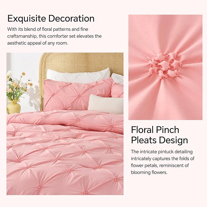 BEDELITE Pink Comforter Set Full - 3 Peices Boho Pintuck Bedding Comforter Sets, Lightweight Soft & Warm Twin Bedding Sets with 2 Pillowcase for All Season