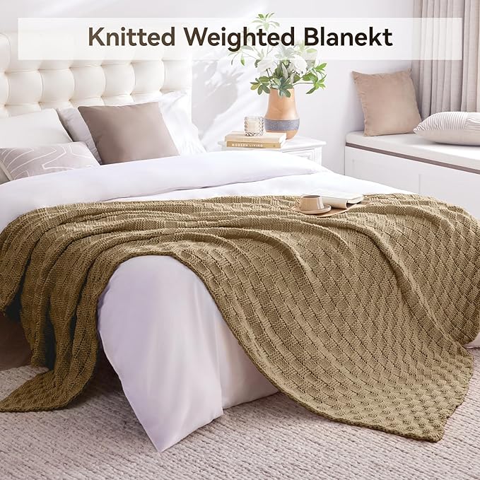 Knitted Weighted Blanket for Adults, 50' x 60'' 5lbs, Breathable Chunky Knit Blanket, Cooling for Hot Sleepers, Christmas Home Decor (Camel)