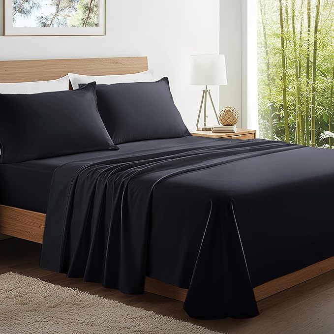 Kickoff Viscose Bamboo Sheets California King Size 4-pc 100% Organic Bamboo Viscose Bed Cooling Sheets Cal King Set Cool Bedding for hot Sleepers Sheet, Flat, Fitted, Pillowcases (Black, CK)