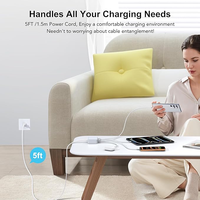 USB C Fast Charger, 100W GaN 6 Port Type Charging Station Hub Block Cube, Wall Charger Power Strip Adapter Plug for iPad iPhone 16 15 14 13 12 Pro Max Pixel Note Galaxy, 5ft Cord