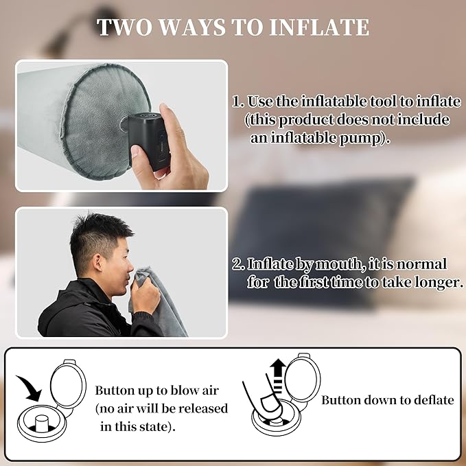 ONTYZZ Inflatable Long Body Pillow, Long Pillow for Bed, Oval Bolster Pillow for Good Sleeping and Back/Neck Support, 1pcs Grey