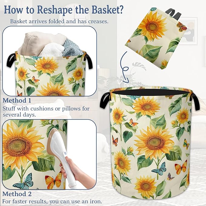 Vintage Sunflowers Laundry Hamper With Handle,Foldable Oxford Cloth Butterfly Flower FLaundry Basket,20.8"x16" Clothes Storage Basket for Laundry Room Bedroom Bathroom