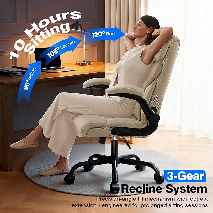 Office Chair - Executive High Back Breathable Comfy Desk Chair with Lumbar Support - Ergonomic Leather Rolling Swivel Computer Chair with Rock Function for Working Studying Gaming Relaxing