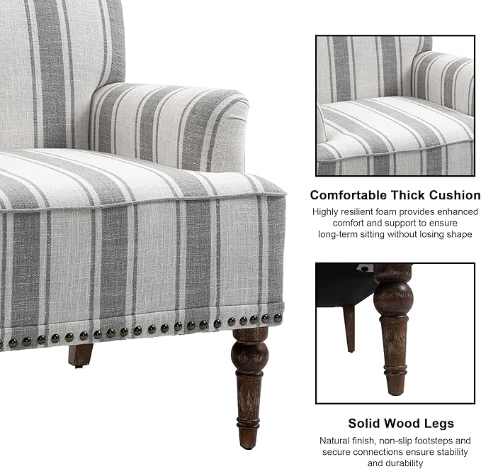 Accent Chair, Mid Century Modern Comfy Armchair for Living Room, Linen Fabric Single Sofa Lounge for Reading Bedroom Apartment Waiting Room with Wood Legs (Grey Stripe, Set of 1)