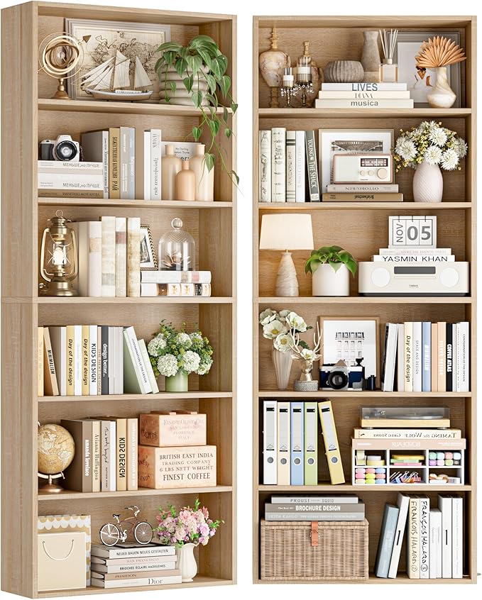 FOTOSOK 6-Tier Open Bookcase and Bookshelf Set of 2, Freestanding Display Storage Shelves Tall Bookcase for Bedroom, Living Room and Office, Light Oak