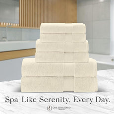 Premium Staple Cotton Bathroom Towel Set - Beige 600 GSM 6-Piece Luxury Bath Towel Set 1 Stripe - 2 Bath Towels, 2 Hand Towels & 2 Washclothes Set - High Absorbent & Quick Dry for Gym, Spa, Hotel