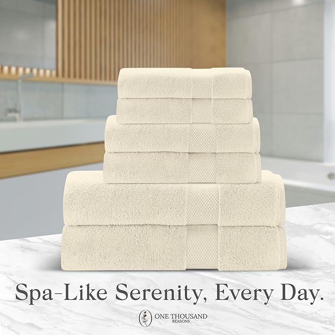 Premium Staple Cotton Bathroom Towel Set - Beige 600 GSM 6-Piece Luxury Bath Towel Set 1 Stripe - 2 Bath Towels, 2 Hand Towels & 2 Washclothes Set - High Absorbent & Quick Dry for Gym, Spa, Hotel
