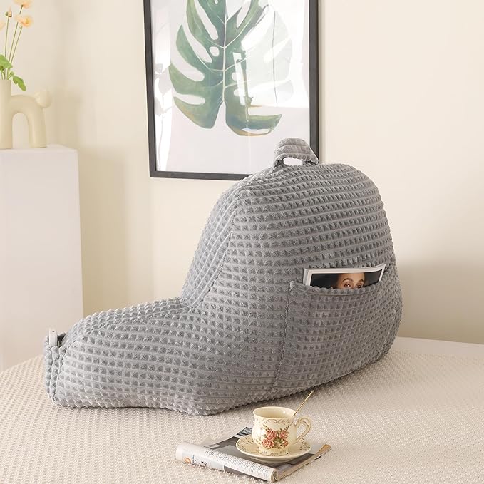 Reading Pillow for Sitting in Bed, Large Backrest Reading Pillow with Arm Rest,Back-Rest Support Cushion for Sit Up on Couch, Sofa, and Floor, Dorm Essentials (Grey Flannel, Standard(17inch))