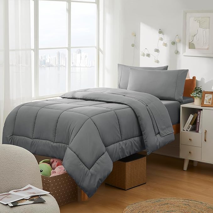 Dorm Room Essentials College Bedding Comforter Set 7 Piece Full Size Bed in a Bag for College Students Boys and Girls, Full, Gray