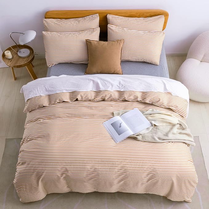JELLYMONI King Duvet Cover Set, Cotton Duvet Cover 3 Pieces with Zipper Closure, 1 Duvet Cover and 2 Pillowcases(White with Rust Striped)
