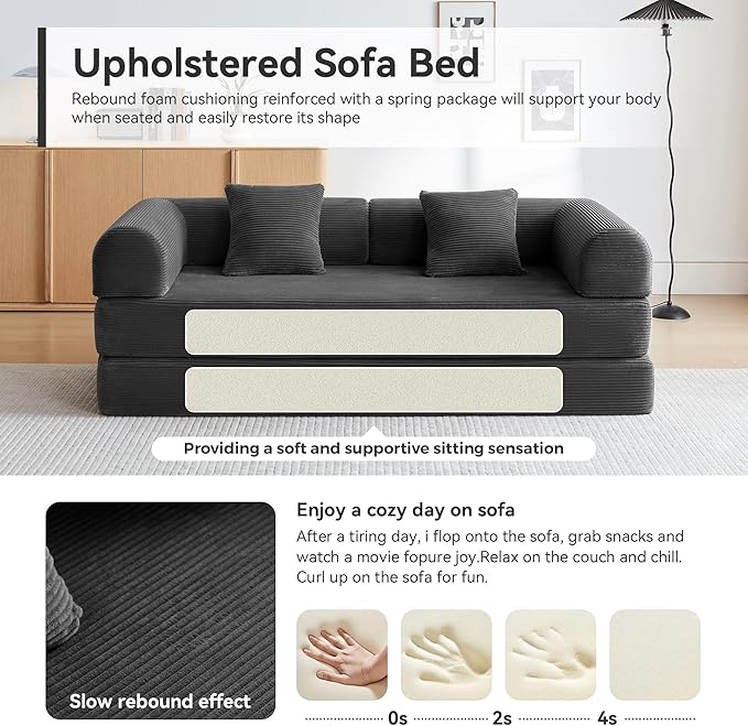 Convertible Sleeper Bed with Cylindrical Pillow, Comfy Foldable Bed Compressed Sofa in Box, Floor Sofa Lounge Couch for Living Room Bedroom Lounge Studio, Tool-Free Assembly (Black)