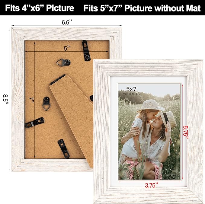5x7 Picture Frame with Mat for 4x6, Rustic White Wood Grain 5 x 7 Gallery Wall Picture Frames for Tabletop or Wall Mounting(4 Pack, White)