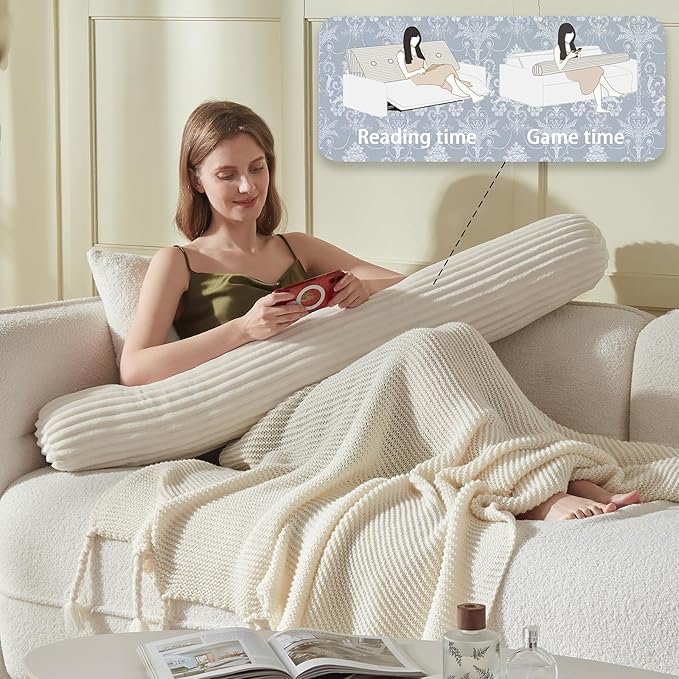 Headboard Wedge Pillow + A Long Neck Roll Pillow Body Pillow，Large Headboard Pillow with Removable Cover (Beige, King：76x8x20 inches)