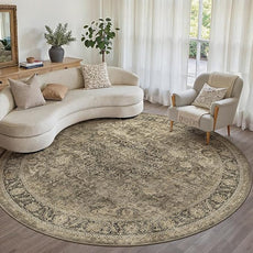 8x8 Washable Brown Round Rug Vintage Living Room Bedroom Circle Rug Non-Slip Soft Low Pile Distressed Indoor Carpet for Kitchen Dining Room Office
