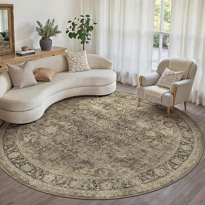 8x8 Washable Brown Round Rug Vintage Living Room Bedroom Circle Rug Non-Slip Soft Low Pile Distressed Indoor Carpet for Kitchen Dining Room Office