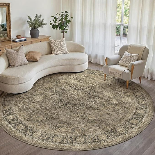 8x8 Washable Brown Round Rug Vintage Living Room Bedroom Circle Rug Non-Slip Soft Low Pile Distressed Indoor Carpet for Kitchen Dining Room Office