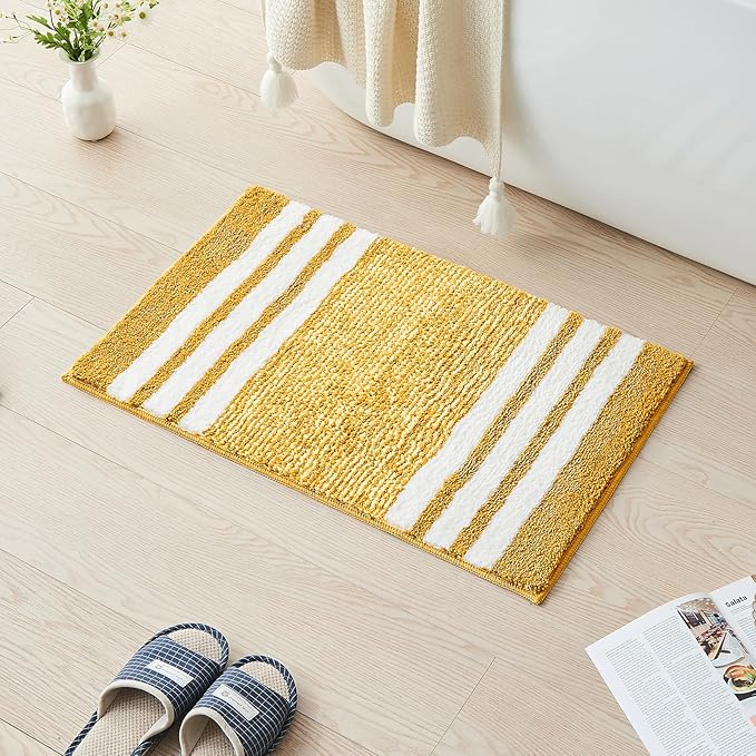 CozeCube Bath mats for Bathroom Non Slip, Fluffy Absorbent Microfiber Bath mat Washable, Aesthetic Bathroom Rugs, Cute Harvest Gold Striped Bath mat, Harvest Gold, 32" x 20"