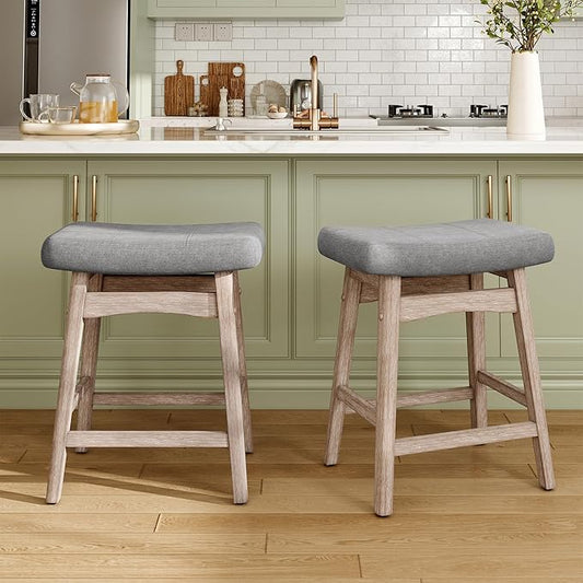 MAISON ARTS Counter Height Bar Stool for Kitchen Counter Solid Wood Legs with Fabric Saddle Seat Farmhouse Barstool for 34"-38" Counter Island Upholstered Stool, 24in, Grey Cushion,1pc
