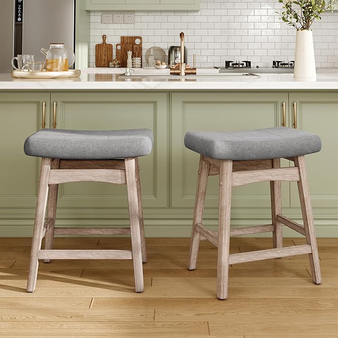 MAISON ARTS Counter Height Bar Stools Set of 2 for Kitchen Counter Solid Wood Legs with Fabric Saddle Seat Farmhouse Barstools for 34"-38" Counter Island Upholstered Stools, 24in, Grey Cushion