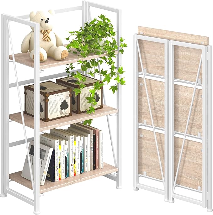 4NM No Assembly Folding Bookshelf Storage Shelves 3 Tiers Vintage Bookcase Standing Racks Study Organizer Home Office (Natural White)