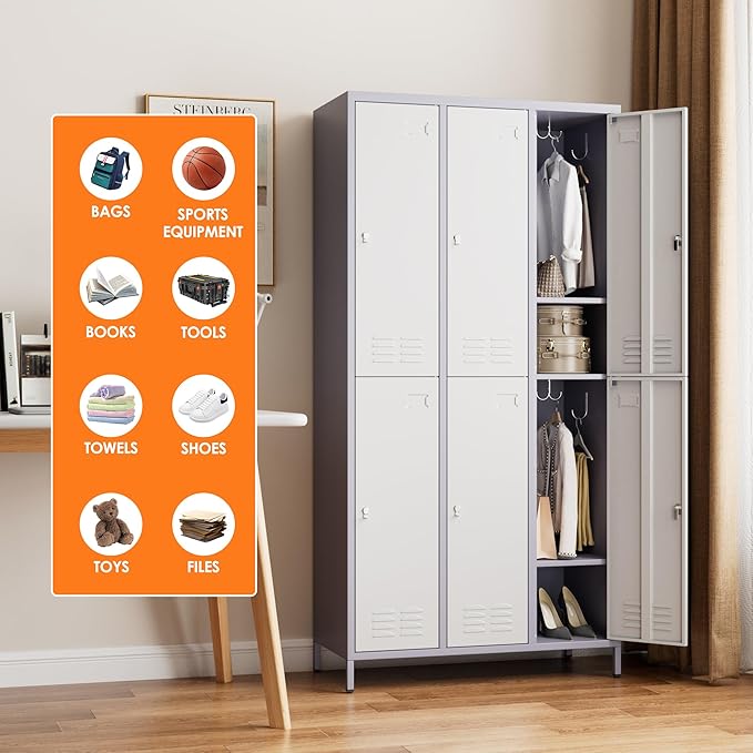 Aobabo Upgraded Metal Storage Locker for Employees, 6 Doors Metal Locker Cabinet with Lock and Name Card Slot, Industrial Storage with 18 Hooks, for Office Gym, Assembly Required,Grey White