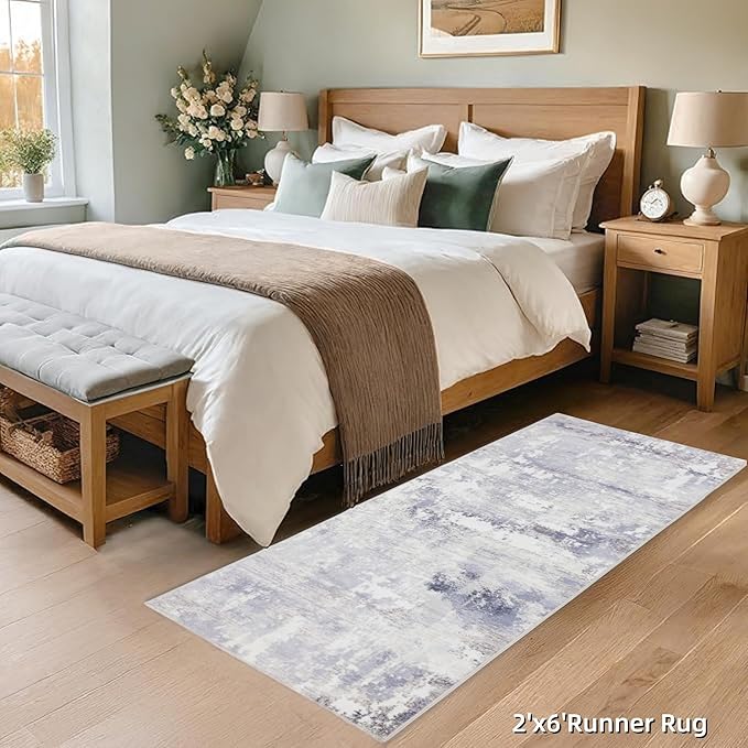 RCTJHOME 2'x6' Runner Rug for Hallway with 4 Non-Slip Tapes, Machine Washable Kitchen Boho Runner Rug, Distressed Bedroom Beside Rug, Laundry Room, Farmhouse Entryway Mat, Light Grey White Watercolor