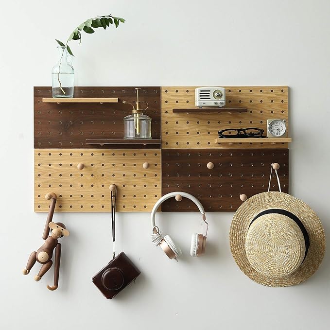 Wooden Pegboard Modular Display Organization Storage Wall Hooks Shelf(Color：Walnut)