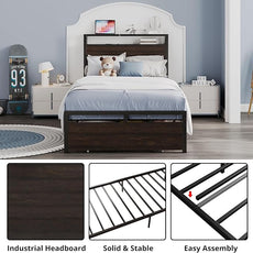 LIKIMIO Twin XL Bed Frames with Drawer, Storage Headboard with Outlets, No Box Spring Needed, Easy Assembly, Dark Brown