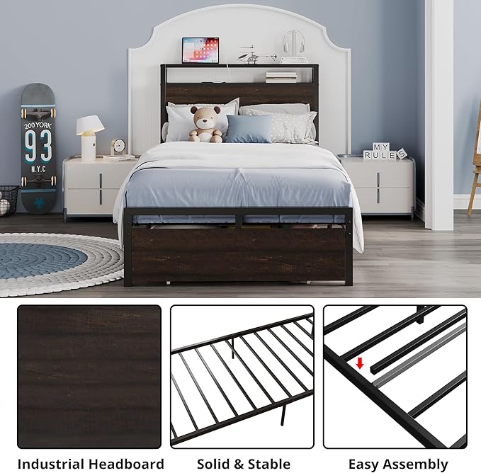 LIKIMIO Twin XL Bed Frames with Drawer, Storage Headboard with Outlets, No Box Spring Needed, Easy Assembly, Dark Brown