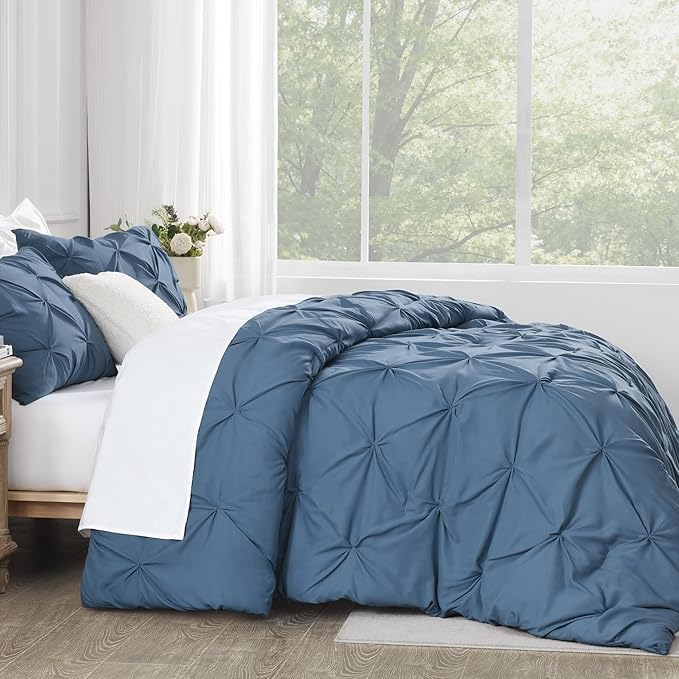 Andency Ocean Blue Pinch Pleat Comforter Full(79x90Inch), 3 Pieces(1 Down Alternative Comforter and 2 Pillowcases) Ocean Blue Bed Set Microfiber Pintuck Bedding Set