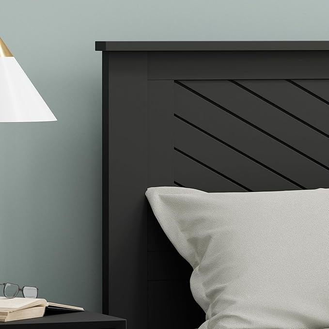 Serene Poplar Wood Queen Size Headboard in Black, Modern Farmhouse Panel with Chevron Scoring, Casual Coastal Style, Easy Assembly, Quality Materials