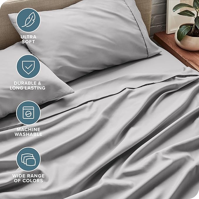 Bare Home Split California King Sheet Set - 1800 Ultra-Soft Microfiber Split California King Bed Sheets - Double Brushed - Deep Pockets - Easy Fit - 5 Piece Set (Split Cal King, Light Grey) BareHome