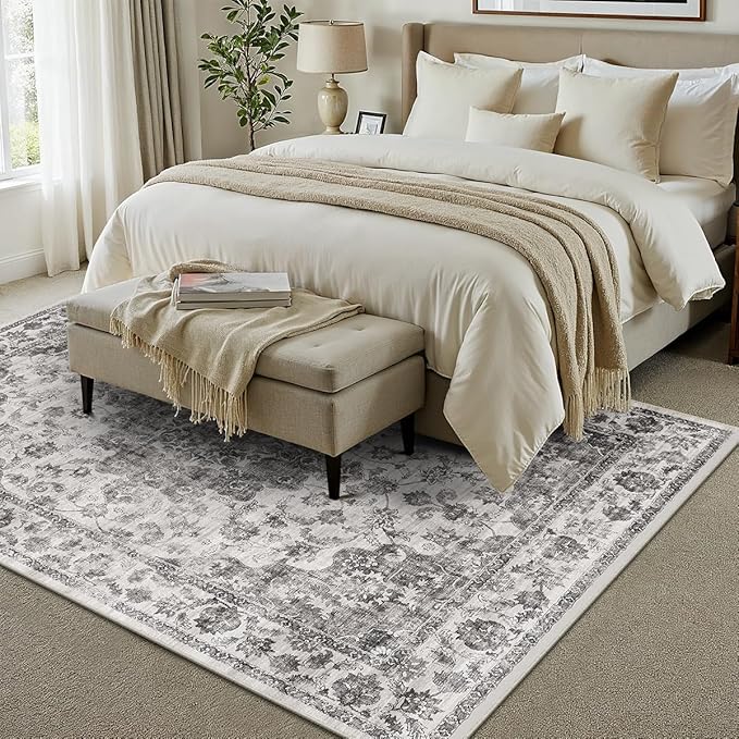 9x12 Neutral Area Rug Black Vintage Living Room Bedroom Washable Carpet Non-Slip Soft Low Pile Floral Indoor Large Throw Rug for Dining Room Office